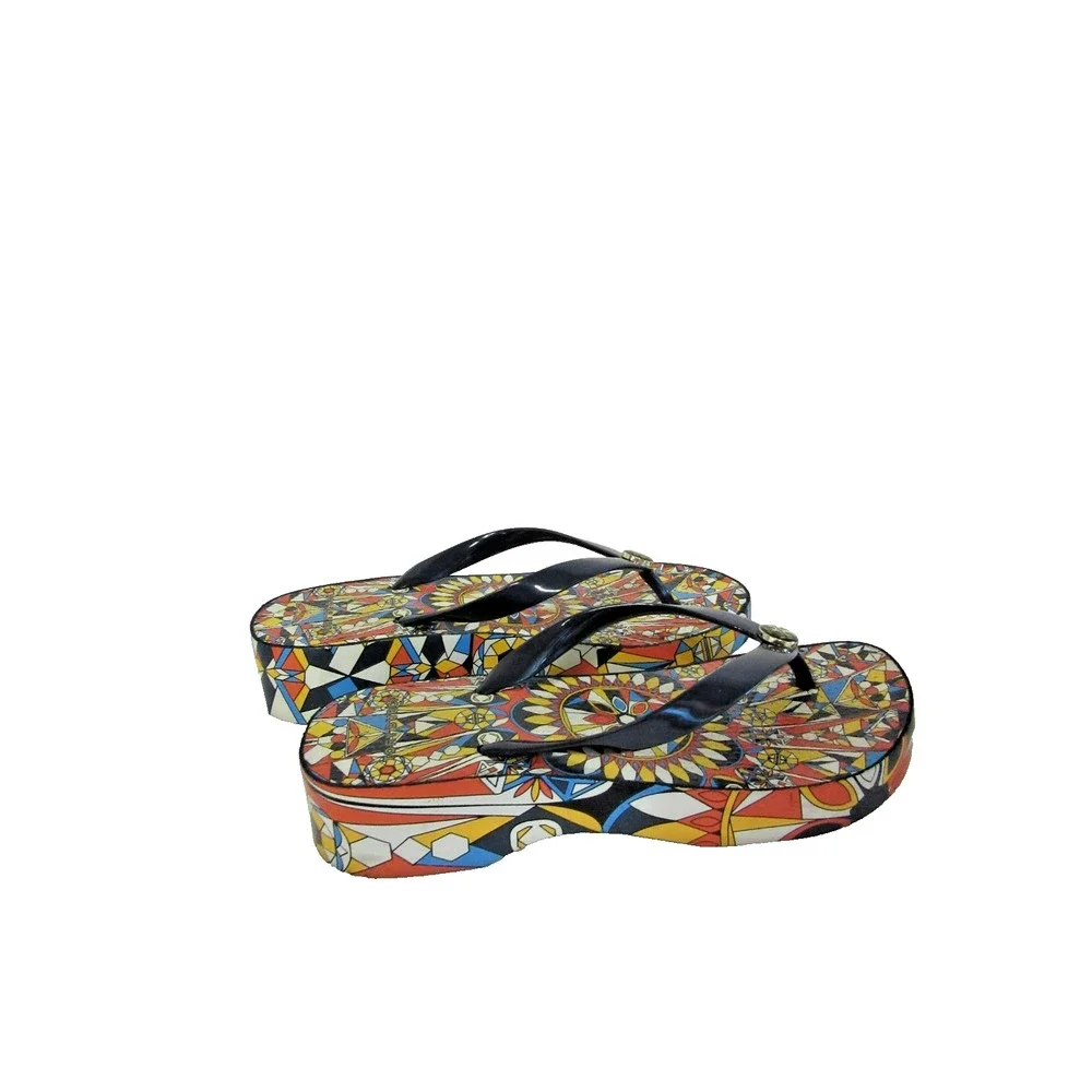 TORY BURCH Wedge Flip Flop Psychedelic Geo 6 1/2 Sandals